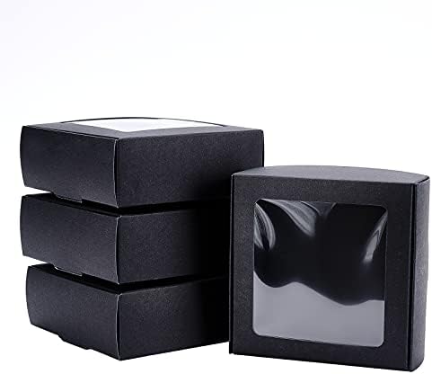 Benecreat 20 חבילות קופסאות נייר שחורות של קראפט עם חלון ברור 3.6x3.6x1.4 אינץ