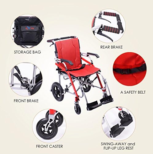 כיסא גלגלים מגנזיום היי-פורצ 'ן 21 ק ג כיסא רפואי תחבורה קל משקל עם משענות יד לאחור, בלמי יד וכרית,