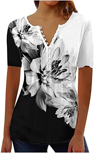 חולצת טי אלגנטית של נשים אלגנטיות V כפתור צוואר חולצות רושות הדפס פרחוני חולצה שרוול קצר 2023 צמרות