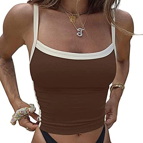 Oplxuo גופיות סקסיות לנשים רצועות ספגטי צוואר מרובע בלוק צבע הדוק בלוק צמוד חולצות קיץ ללא שרוולים קמאי טי טיי