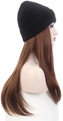 גבירותיי שיער כובע שחור סרוג כובע עם פאה ארוך ישר שיער חום פאה כובע