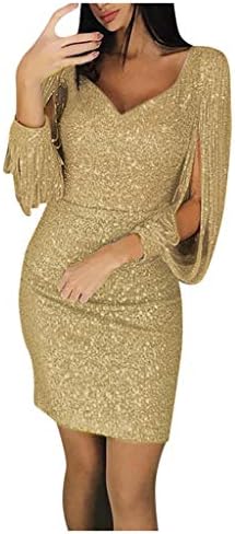 שמלת מסיבות נשים פאייטים נ 'צוואר סקסית שרוול ארוך משחלת רזה מתאימה שמלת S-3XL אלגנטית