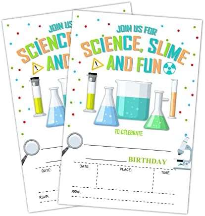 כרטיסי הזמנה ליום הולדת של LWBEO, מזמינים מסיבת רפש מדע, ציוד לקישוטים למסיבות יום הולדת שמח, 20 כרטיסי