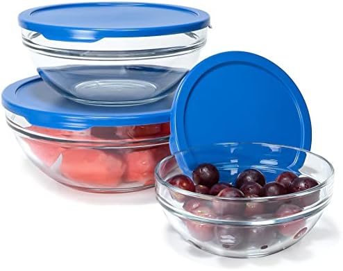 חברת רד. סט של 3 עגול זכוכית מזון אחסון קערת מכולות עם כחול מכסים-7-כוס, 4.75-כוס, 2.5-כוס