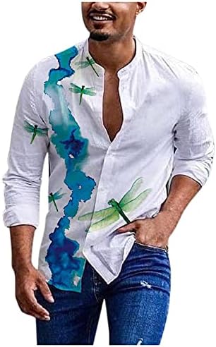 חולצות פשתן כותנה XXBR לגברים, סתיו שרוול ארוך פרפר שפירית הדפס גרפי חולצה מזדמנים