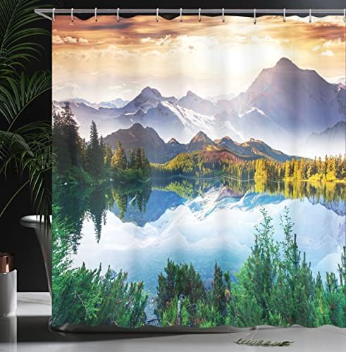 קולקציית עיצוב נוף של אמבסון, נוף לייק הרים יום שמש טבע טבע ציורי אמנות אפקט אפקט הדפסה, וילון מקלחת אמבטיה