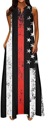 יום העצמאות של HCJKDU שמלות מקסי מזדמנים שמלות דגל ללא שרוולים שמלות הדפס דגל עם כיסים קיץ רופף