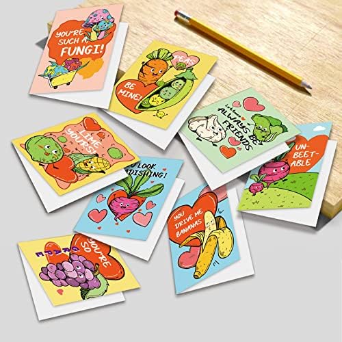 כרטיסי יום האהבה של Chenive לילדים, ירקות ופירות מצחיקים כרטיסי ברכה, סט של 40 כרטיסי משחק של יום האהבה לשיעור