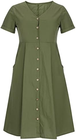 שמלת פשתן כותנה לנשים קיץ שמלות חולצות שרוול קצרות של שרוול מזדמן כפתור למטה שמלת נדנדה צוואר עם כיסים