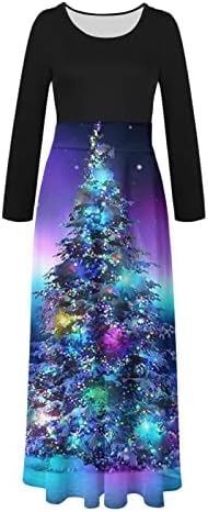 שמלות מקסי לנשים 2022 עץ חג המולד הדפסת 3 ד שרוול ארוך צוואר חוף מזדמן שמלה קיצית דקה שמלת שיבה הביתה