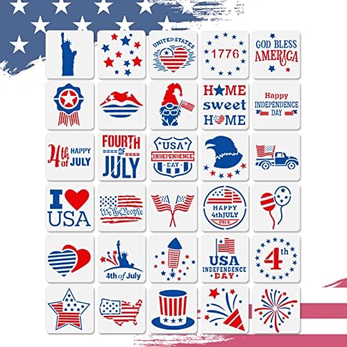 סטנסילים פטריוטיים לציור על פרוסת עץ, 30 יחידות סט סטנסילים לשימוש חוזר 4 ביולי כולל כוכבי דגל אמריקאי ארה