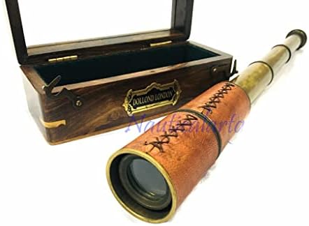 מאן דקור 14 '' טלסקופ פליז עם עור אדום וקופסת עץ חום עתיקות ימיות