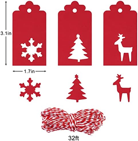חג המולד מתנה תגיות עם מחרוזת לתלות תוויות, 120 יחידות אדום נייר תגיות איל עץ פתית שלג עיצוב