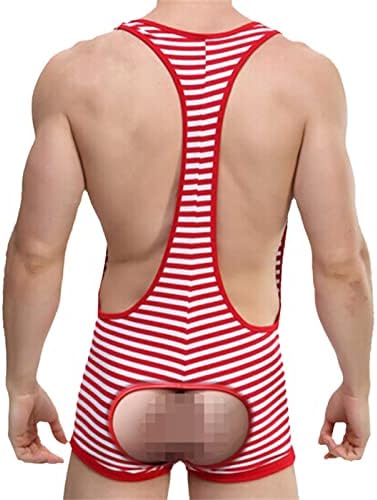 פסים של Maiifu-GJ היאבקות בגד גוף לגברים סקסית חתיכה אחת חתיכה יחידת גוף גוף תחתונים ראו דרך סרבל המתלה