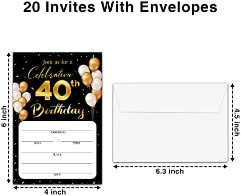 כרטיסי הזמנה ליום הולדת 40 עם מעטפות - נושא זהב קלאסי מלא מלא את כרטיסי ההזמנה של מסיבת יום הולדת