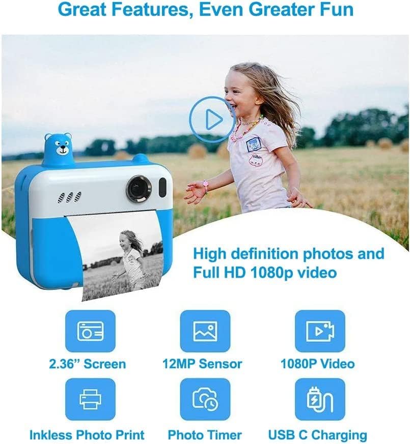 מצלמת הדפסה מיידית של אדאלס 1080 אינץ 'לילדים, עם מצלמת סלפי, מצלמת וידאו דיגיטלית אפס דיו עם 2 גלילי נייר