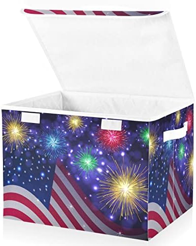 Innewgogo דגל אמריקאי דגל עצמאות יום אחסון פחי אחסון עם מכסים לארגון סל אחסון עם ידיות קופסאות קוביית