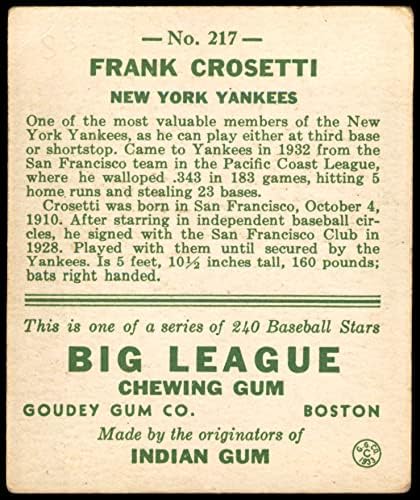 1933 Goudey 217 פרנק קרוסטי ניו יורק ניו יורק כרטיסי דיקן 2 - ינקי טוב