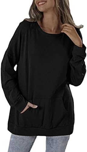 נשים רגיל כיס סוודר חולצות עגול צוואר ארוך שרוול רופף בכושר חולצות חולצות מקרית ארוך חולצות