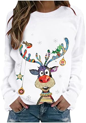 נשים חג המולד מודפס סווטשירט רופף מזדמן ארוך שרוול צווארון עגול סוודר חולצות