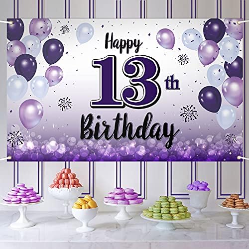 Laskyer Happy יום הולדת 13 באנר גדול סגול - לחיים עד יום הולדת בן שלוש עשרה יום הולדת בית קיר