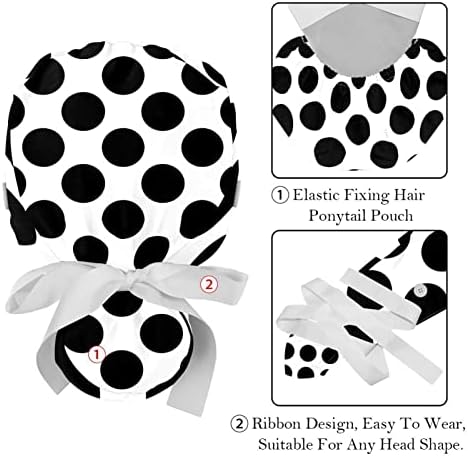 כובעים רפואיים של Lorvies לנשים עם כפתורים שיער ארוך, כובע עבודה מתכוונן 2 חלקים, נקודות פולקה שחור
