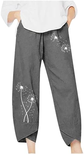 טיקוי נשים של קיץ כותנה פשתן מכנסיים אלסטי מותניים מזדמן רופף ארוך מכנסיים קצוץ רחב רגל מכנסיים עם כיס