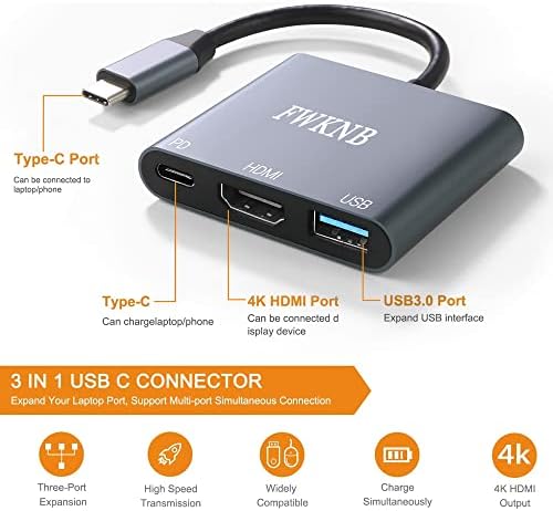 FWKNB USB C ל- HDMI Multiport מתאם, Type-C Hub Thumderbolt 3 ל- HDMI 4K ממיר וידאו, USB-C Digital AV Multiport