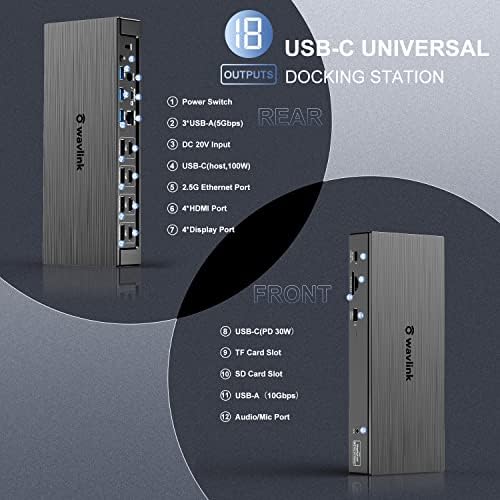 תחנת עגינה של מחשב נייד USB C, 18-in-1 5K תצוגה מרובעת תחנת עגינה אוניברסלית עם 4 תצוגות, 4 HDMI, משלוח