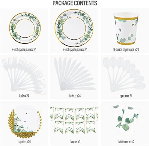 אנקו ירק ספקי צד משמש 24 אורחים אקליפטוס עלים מסיבת כלי שולחן ג ' ונגל נושא בוהו נייר צלחות כוסות