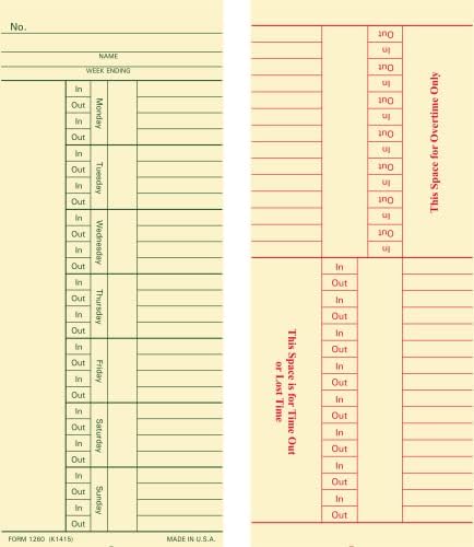 1260 כרטיסי זמן, תוצרת ארהב, 400 ספירות, שבועיות, דו צדדיות, 3 3/8 x 8 1/4, מנילה, ירוק ואדום הדפס