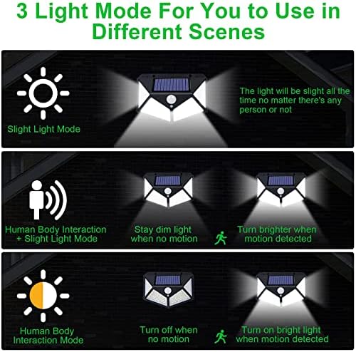 2 מארז אורות שמש חיצוניים, אורות שמש חיישן תנועה עם 100 לד, אורות קיר אלחוטיים,, 3 מצבי תאורה