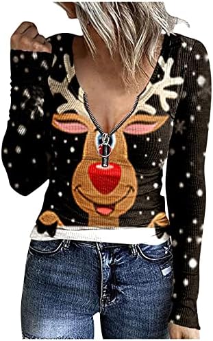 סוודרים לנשים ללבוש עם חותלות u-צווארון סוודר מודפס סוודר חג המולד של שרוול ארוך 2023