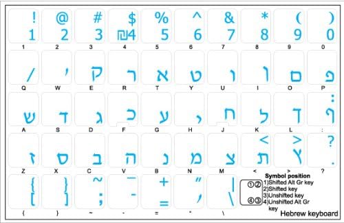 מדבקת מקלדת עברית עם אותיות כחולות רקע שקוף לשולחן עבודה, מחשב נייד ומחברת