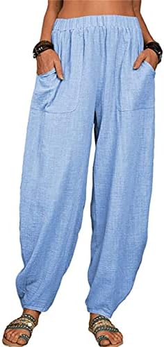 Maiyifu-GJ לנשים פשתן רחבים מכנסי רגל רחבים מותניים אלסטיים מכנסיים ארוכים רופפים מכנסיים ארוכים