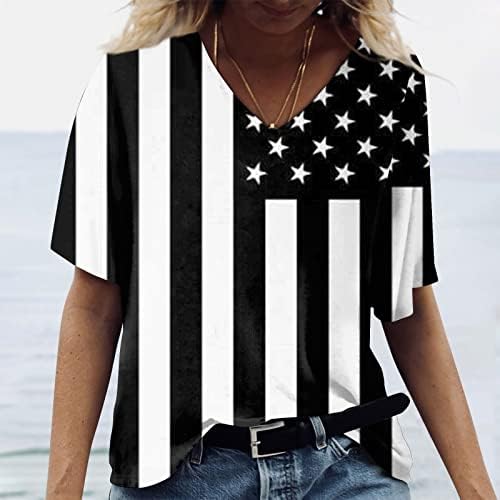חולצה 4 ביולי לנשים, נשים קיץ צווארון וי שרוול קצר בגדי דגל אמריקאי תלבושת פטריוטית למעלה