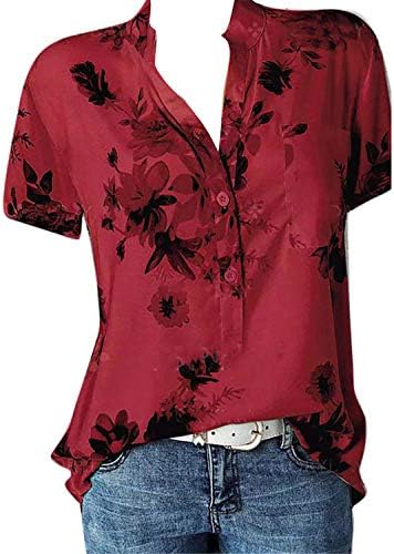 Andongnywell חולצות כפתור נשים שרוול קצר מזדמן V צוואר פלוס גודל חולצות חולצות עם כיס עם כיס