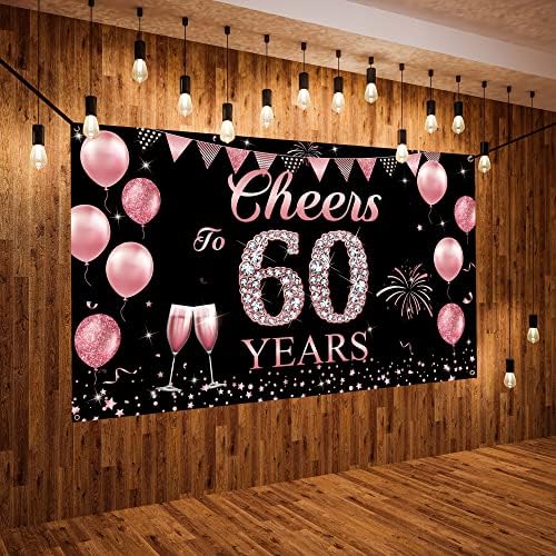 קישוטים ליום הולדת 60 שמחים לנשים, לחיים עד 60 שנה באנר תפאורה, זהב ורד 60 ציוד פוסטר של סימני חצר מסיבת יום