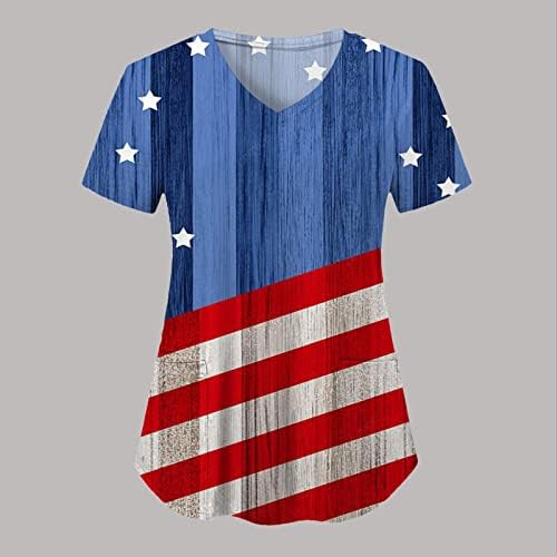 4 יולי חולצה לנשים ארה ב דגל קיץ קצר שרוול חולצת טי עם 2 כיסים חולצות חג מזדמן בגדי עבודה