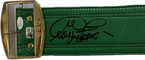 ג'ורג 'פורמן חתום על חגורה ירוקה עם חתימה חתימה JSA והולוגרמה של פורמן אותנטית - חגורות אליפות אגרוף עם