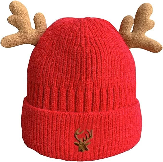 HMTRADE כובע קרניים סרוג לחג המולד, קרניים איילים חמודים כובע סרוג, כובע סרוג סרוגה למבוגרים, כובע כפה חורם