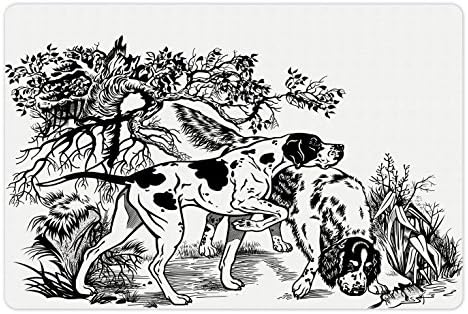 אמבסון ציד לחיות מחמד מחצלת עבור מזון ומים, ציד כלבים ביער מונוכרום ציור אנגלית מצביע וסתר גזעים, מלבן