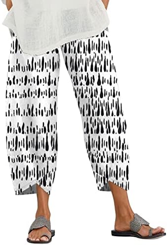 פשתן מכנסיים נשים נשים אלסטי מותניים מכנסיים צפצף עם כיס רופף צפצף מודפס אופנה רופף יבול צפצף מזדמן
