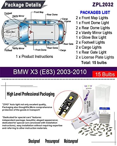 Ziyo ZPL2032- LED FILIOR FIRE החלפת ערכת BMW X3 E83 2003-2010 + חבילת נורות לוחית רישוי, 6000K XENON