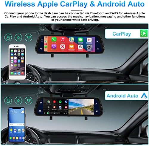 מצלמת מקף מראה עם Apple Carplay Android Auto, 9.66 מצלמת מקף 1080p תצוגה קדמית ואחורית מראה מצלמה