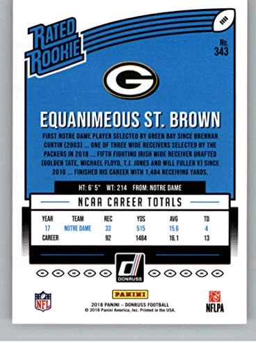 2018 דונרוס כדורגל 343 Equanime St. Brown RC כרטיס טירון Green Bay Packer