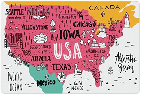 מחצלת לחיות מחמד עבור מזון ומים, ערים אמריקאיות קליגרפיה על תוכנית אריזונה ניו יורק שיקגו קריקטורה, מלבן