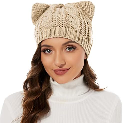 Zando CAT כובעי כפה של אוזן לנשים נערות נערות שעועיות חמודות לנשים סרוגות כפית חתול עם נשים כובע חורף חם
