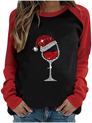 נשים אדום יין זכוכית חולצות צבע בלוק הסווטשרט סוודר חולצות ארוך שרוול חג המולד סוודר מזדמן טוניקת