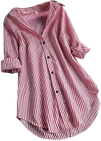 חולצות לנשים בגזרה רופפת כפתורים עם שרוול ארוך 5 ליטר למטה עם פסים עם צווארון טרנדי חולצות טיז